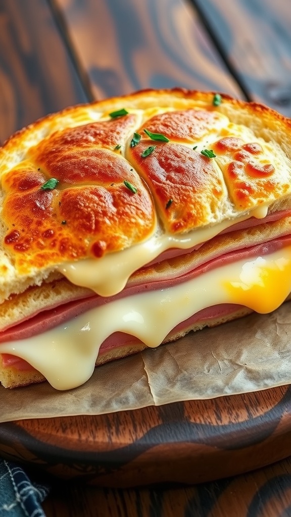 Deliciously Cheesy Über Backen Sandwich Recipe A golden baked sandwich filled with melting cheese and ham, garnished with herbs on a wooden table.